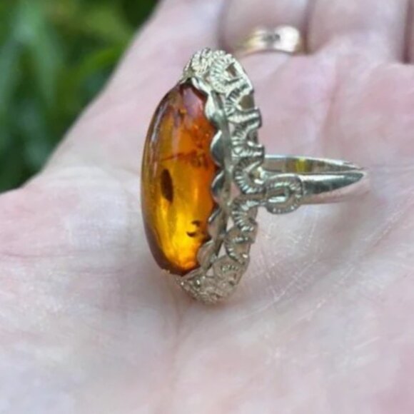 ANTIQUE AMBER RING FANCY SILVER SIZE 7 - Picture 1 of 4